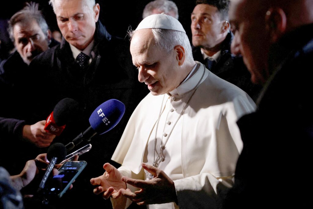Pope Leo XIV speaks to the media before leaving the papal residence in Castel Gandolfo, Italy, March 31, 2026, to head back to the Vatican. Photo: OSV News/Remo Casilli, Reuters