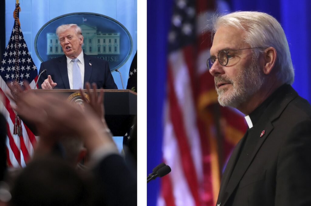 U.S. President Donald Trump and Archbishop Paul S. Coakley of Oklahoma City, president of the U.S. Conference of Catholic Bishops, are pictured in a combination photo. In an April 7 statement, Archbishop Coakley said Trump's "threat of destroying a whole civilization and the intentional targeting of civilian infrastructure cannot be morally justified," and called on Trump "to step back from the precipice."