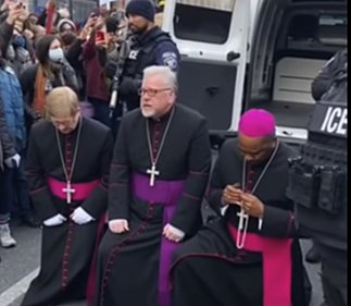 This is a screenshot of an AI-generated deepfake video of a mock bishop confronting ICE agents. Social media platforms are flooded with counterfeit cinematic social media impersonating Catholic Church leaders, from phony prelates to Pope Leo XIV himself, and comments accompanying the images show many viewers are being fooled.
