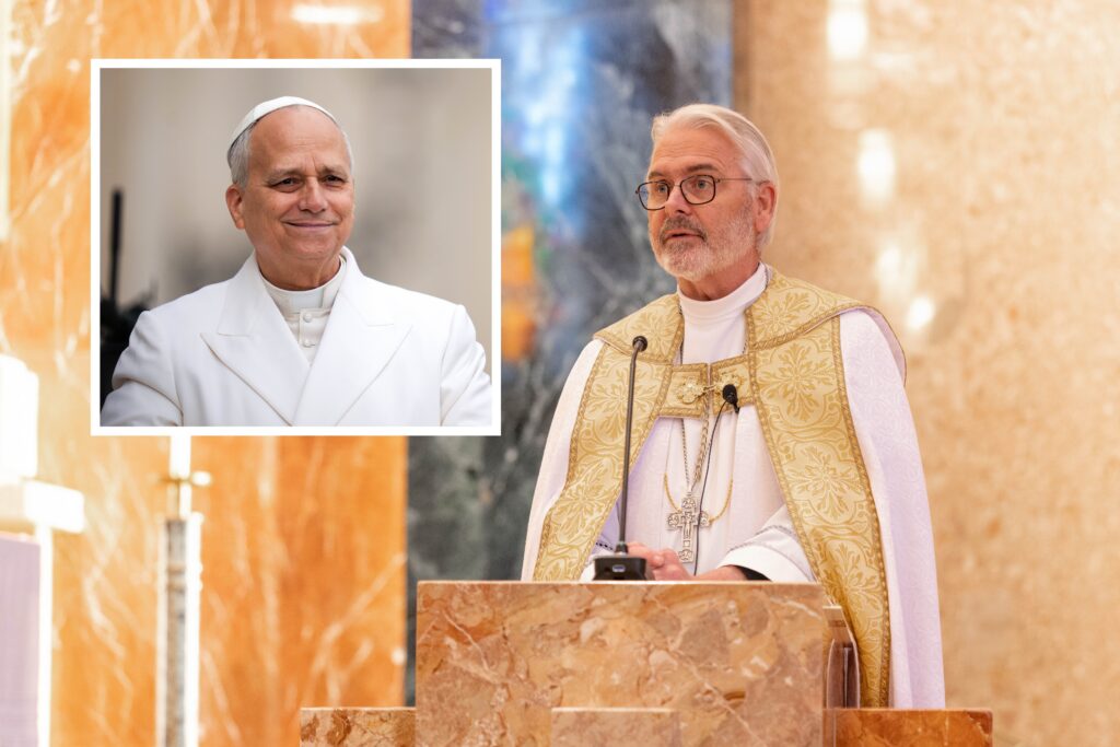 Pope Leo XIV and Archbishop Paul S. Coakley of Oklahoma City, president of the U.S. Conference of Catholic Bishops, are pictured in a combination photo. Across the U.S., united with Pope Leo, Catholics are joining with their bishops and pastors in praying for peace on the eve of Divine Mercy Sunday April 11, 2026.