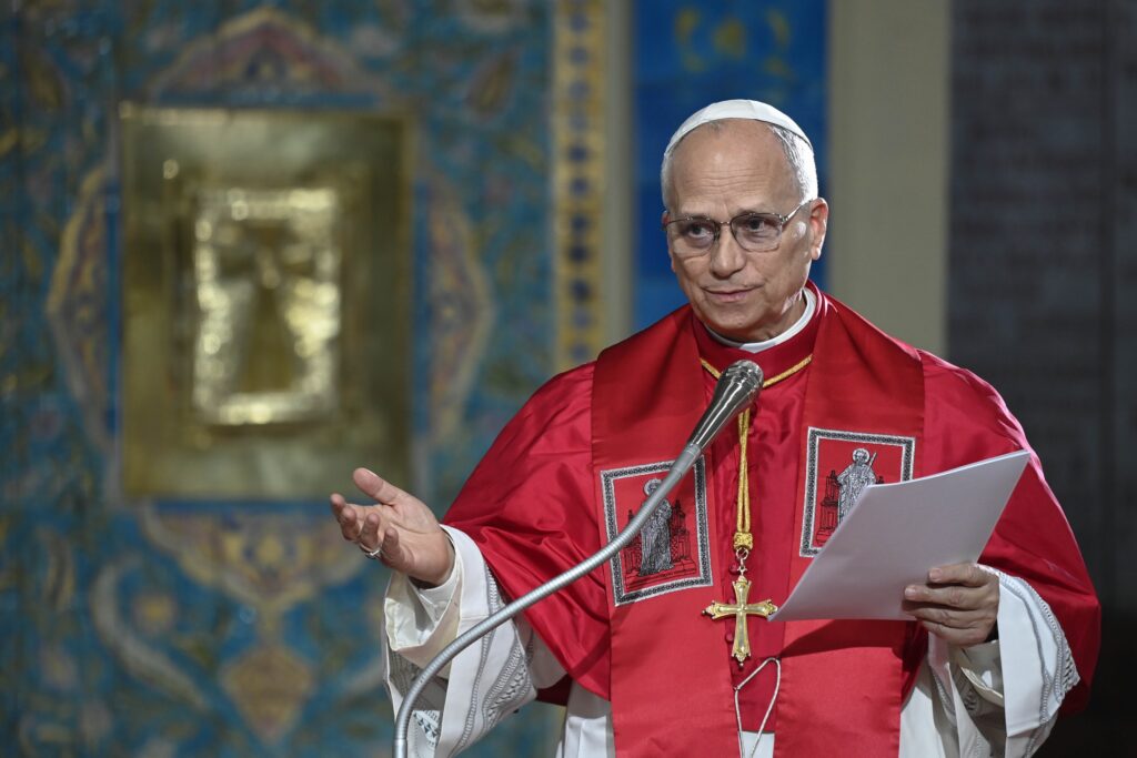 Pope Leo XIV speaks as he attends a meeting with the Algerian community at the Basilica of Our Lady of Africa in Algiers, Algeria, April 13, 2026.