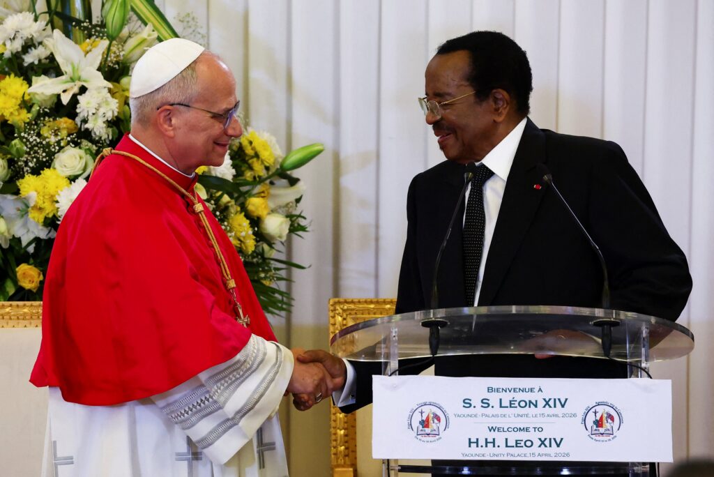Pope Leo XIV is greeted by Cameroon President Paul Biya after arriving at the Presidential Palace in Yaoundé April 15, 2026.