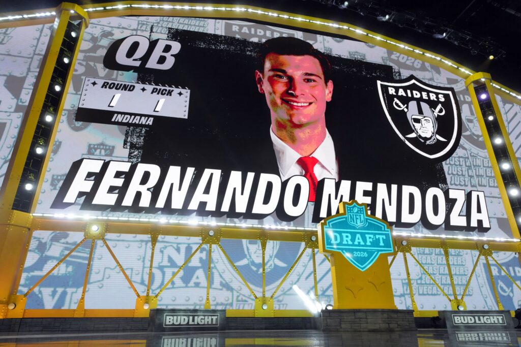 Former Indiana Hoosiers quarterback Fernando Mendoza is projected on the screen at the NFL draft in Pittsburgh from the Miami suburb of Coral Gables April 23, 2026. That evening he was selected by the Las Vegas Raiders as the No. 1 pick during the 2026 NFL draft at Pittsburgh's Acrisure Stadium.