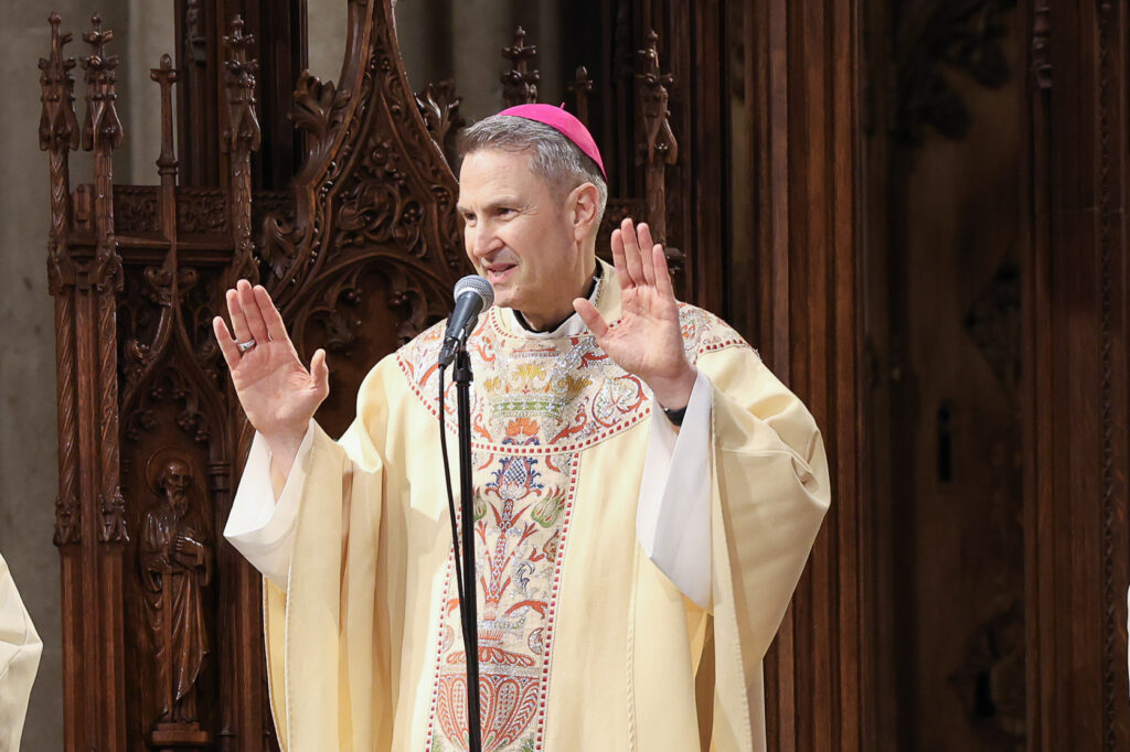 Archbishop Ronald A. Hicks welcomes the faithful at the beginning of the Mass of the Lord’s Supper, April 3, 2026, at Saint Patrick’s Cathedral.