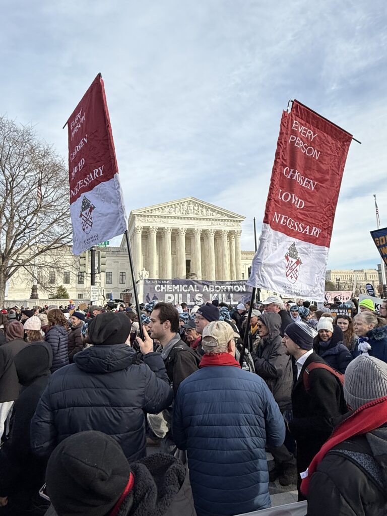 Marchers from the Archdiocese of New York stop in front of the Supreme Court of the United States in Washington, D.C., at the conclusion of the 2026 March for Life, on January 23, 2026.