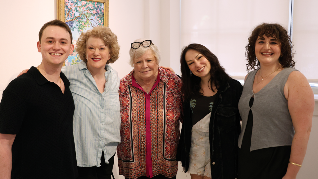 The cast of "Miracle on South Division Street” and the vice president of Penguin Rep Theatre pose in the Janet Hennessy Dillenschneider Gallery at the Sheen Center. (Left to right: Joey Pittorino, Grace Experience, Elsa Jean Davidson, Liz McCartney, and Coryn Carson.)