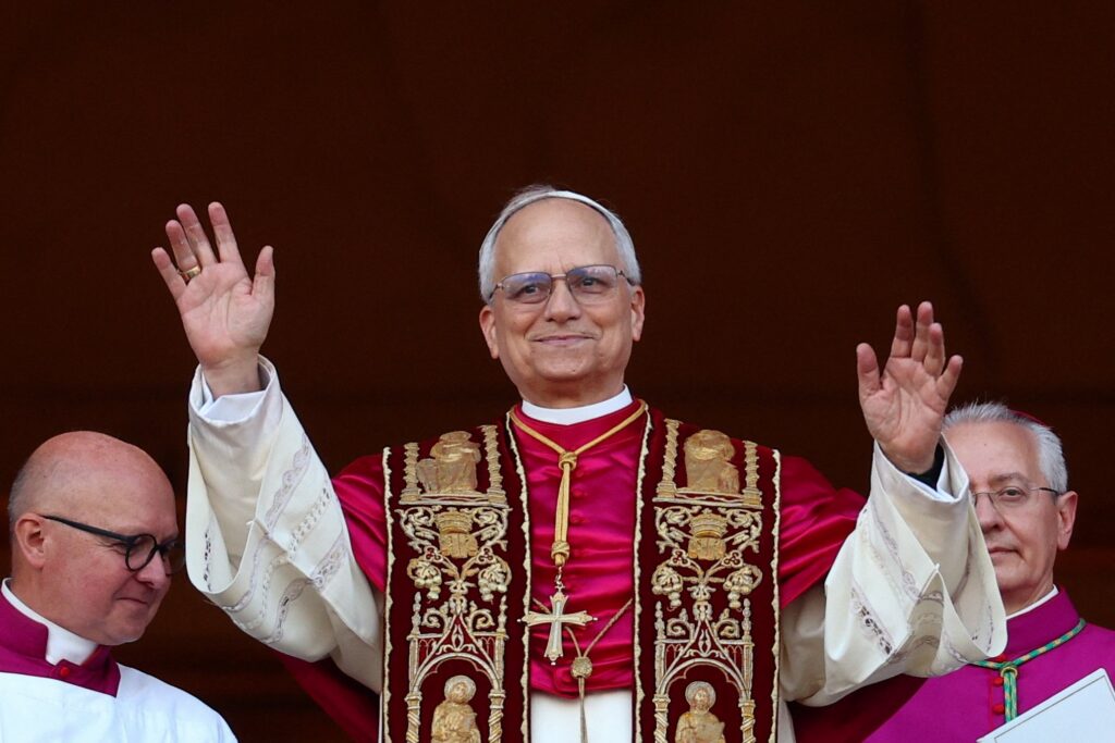 The former Cardinal Robert Francis Prevost, who chose the papal name Leo XIV, appeared on the central balcony of St. Peter's Basilica at the Vatican May 8, 2025, following his election during the conclave.
