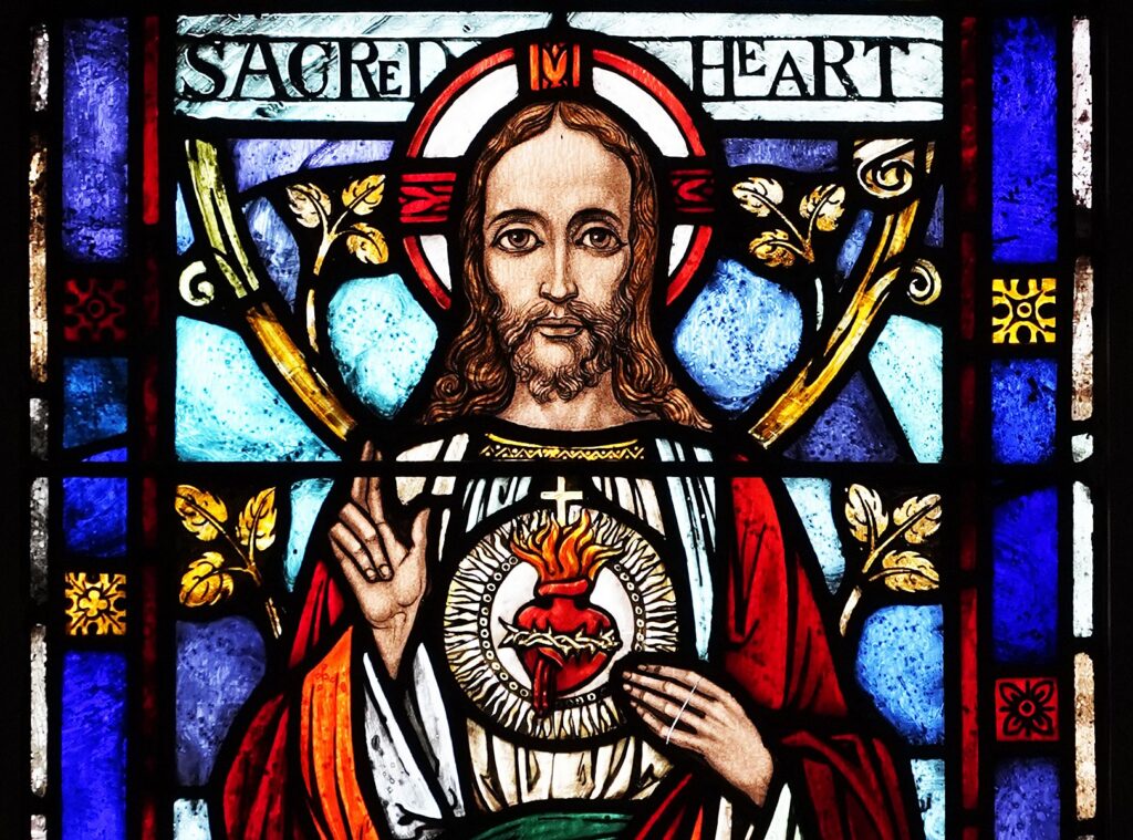 The Sacred Heart of Jesus is depicted in a stained-glass window at Our Lady Queen of Martyrs Church in the Forest Hills section of the Queens borough of New York.