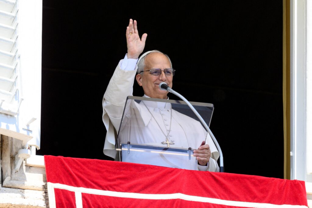 Pope Leo XIV leads the Angelus prayer from a window of the Apostolic Palace at the Vatican, May 3, 2026.