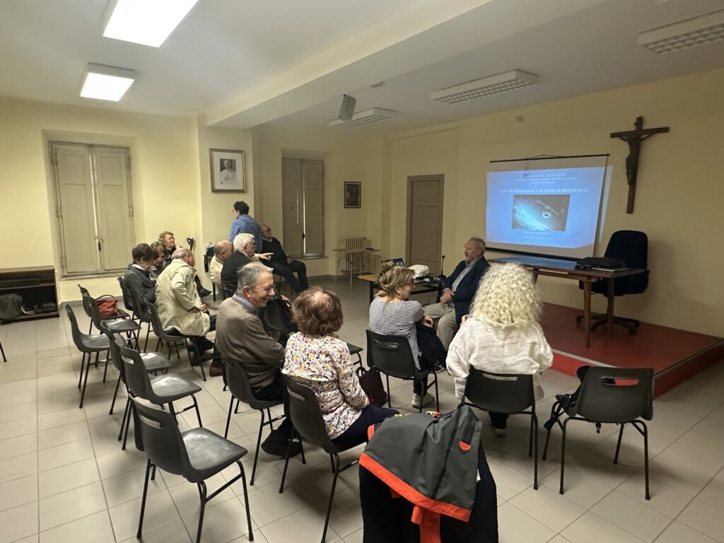 A small crowd gathers before the start of a talk titled “UAPs from Schopenhauer to Other Forms of Intelligence” at St. Anne Parish in Vatican City April 29, 2026.