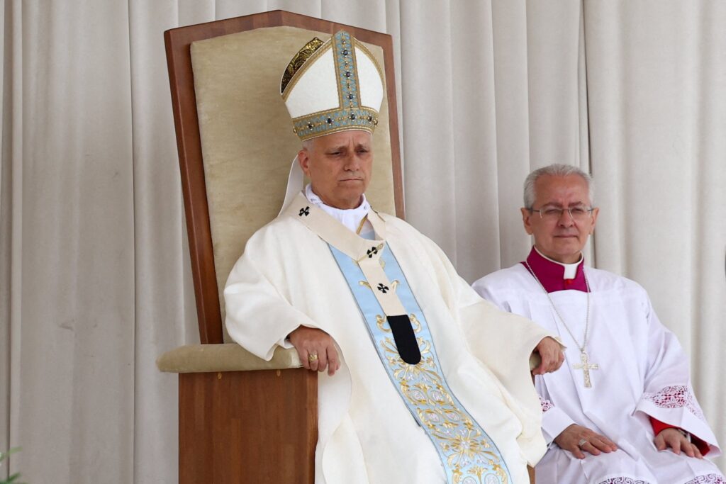 Pope Leo XIV celebrates Mass in Piazza Bartolo Longo in front of the Pontifical Shrine of the Blessed Virgin of the Rosary of Pompeii near Naples, Italy, May 8, 2026, on the first anniversary of his election as the first American pontiff.