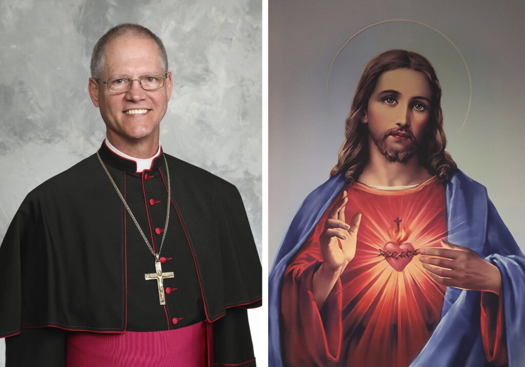 A combination photo shows Archbishop Paul D. Etienne of Seattle in an undated image and a painting of the Sacred Heart of Jesus is seen during Palm Sunday Mass at Sacred Heart Church in Prescott, Ariz., April 13, 2025. On May 15, 2026, Archbishop Etienne issued a pastoral letter on the Sacred Heart of Jesus, titled "Meek and Humble of Heart."