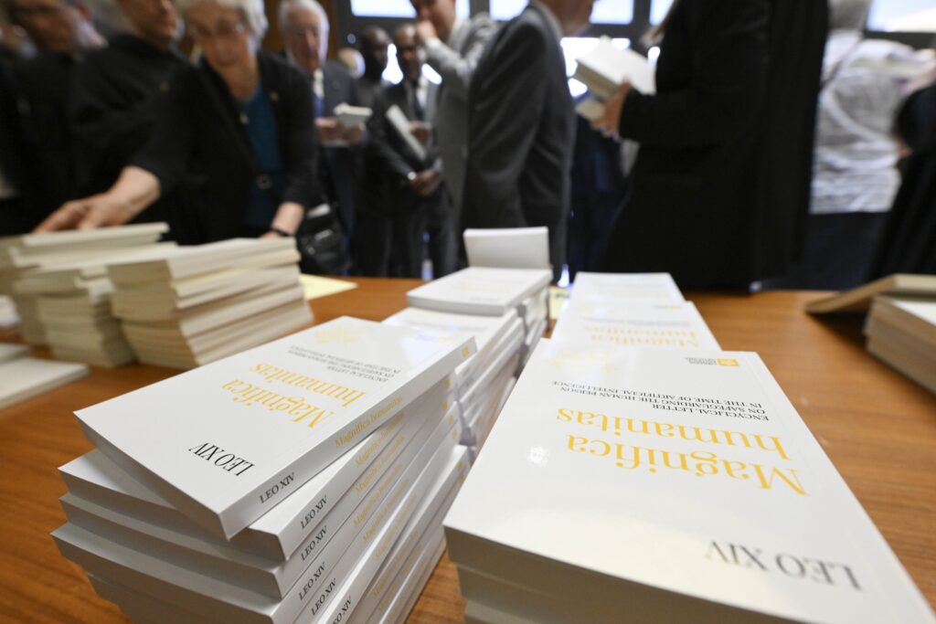 Copies of "Magnifica Humanitas" are seen at the Vatican's Synod Hall May 25, 2026, the first encyclical of Pope Leo XIV's papacy, which focuses on the rise of artificial intelligence.