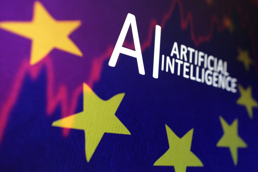 The EU flag, a stock graphic and the words "AI ARTIFICIAL INTELLIGENCE" are seen in this May 21, 2024, illustration.