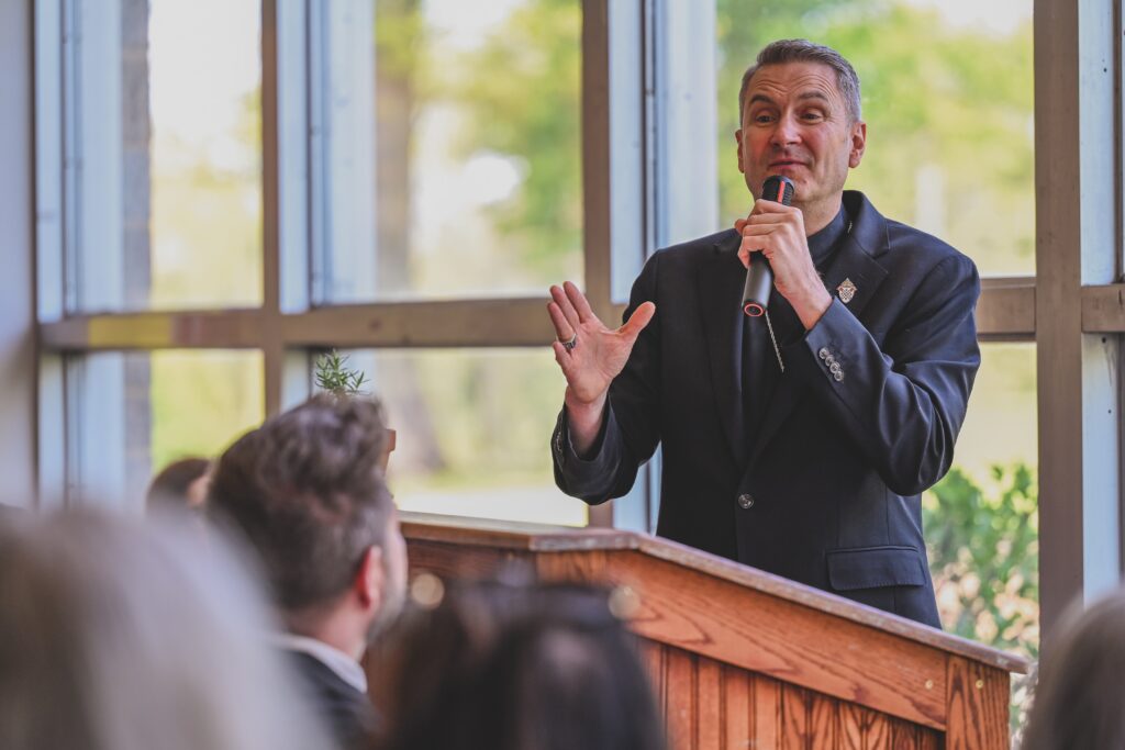 Most Rev. Ronald Hicks, Archbishop of New York, delivers an address to educational leaders in the Archdiocese of New York at The Fairways at Dunwoodie Golf Course in Yonkers on May 4, 2026.