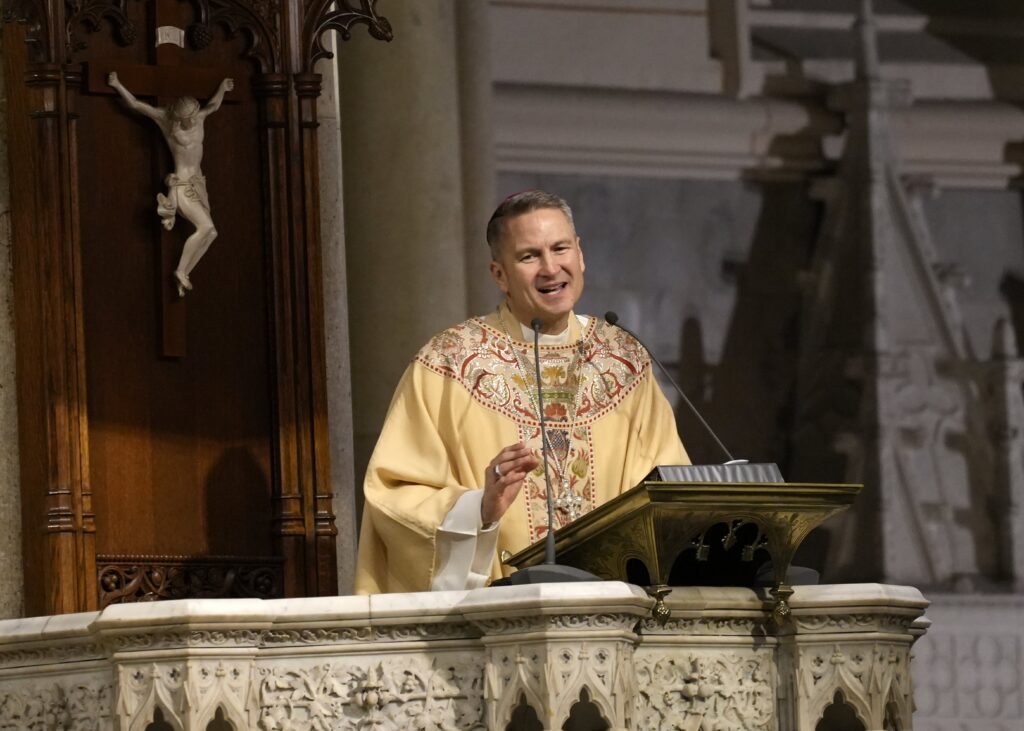 New York Archbishop Ronald A. Hicks delivers his homily during the St. Patrick's Day Mass at St. Patrick's Cathedral in New York City March 17, 2026. Archbishop Hicks will receive the pallium -- a white woolen band with six black silk crosses worn over the shoulders as a symbol of pastoral authority and communion with Rome -- from Pope Leo XIV on June 29, 2026, the feast of Sts. Peter and Paul.