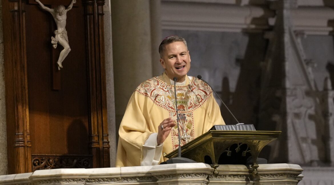 New York Archbishop Ronald A. Hicks delivers his homily during the St. Patrick's Day Mass at St. Patrick's Cathedral in New York City March 17, 2026. Archbishop Hicks will receive the pallium -- a white woolen band with six black silk crosses worn over the shoulders as a symbol of pastoral authority and communion with Rome -- from Pope Leo XIV on June 29, 2026, the feast of Sts. Peter and Paul.