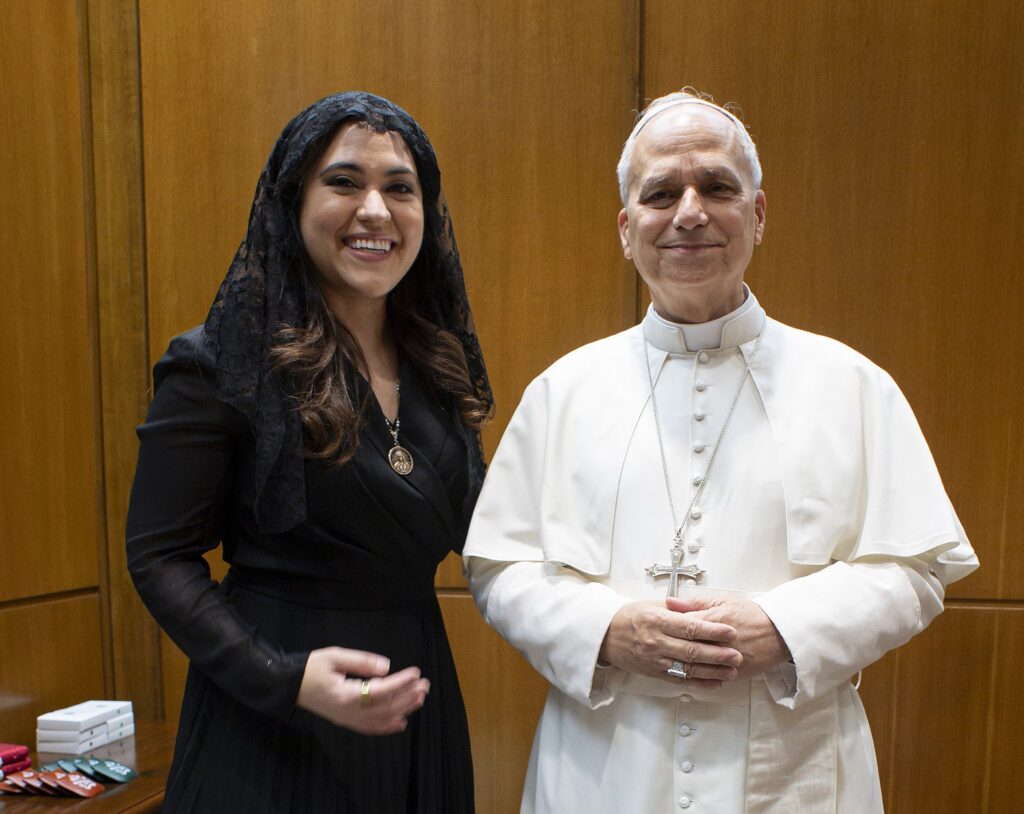 Pope Leo XIV poses with Montse Alvarado, president and chief operating officer of EWTN News, during a private meeting at the Vatican Sept. 5, 2025. Pope Leo appointed Alvarado as prefect of the Vatican's Dicastery for Communication on June 2, 2026.