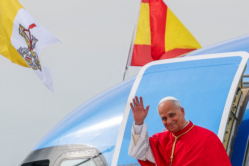 Pope Leo XIV disembarks the papal plane as he arrives at Adolfo Suarez Madrid-Barajas International Airport in Madrid June 6, 2026, to begin his apostolic journey.