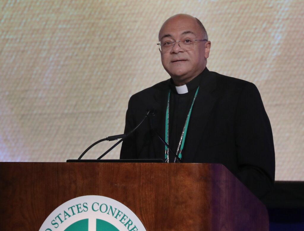 Archbishop Shelton J. Fabre of Louisville, Ky., speaks during a June 11, 2026, session of the annual spring meeting of the U.S. Conference of Catholic Bishops in Orlando, Fla.