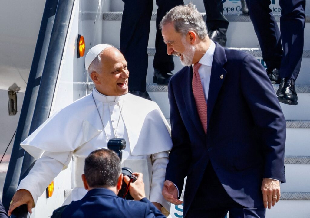 Pope Leo XIV and Spain's King Felipe VI leave the plane on which the pope was due to depart following a delay for maintenance issues, at Tenerife Norte–Ciudad de La Laguna Airport, Canary Islands, Spain, June 12, 2026.