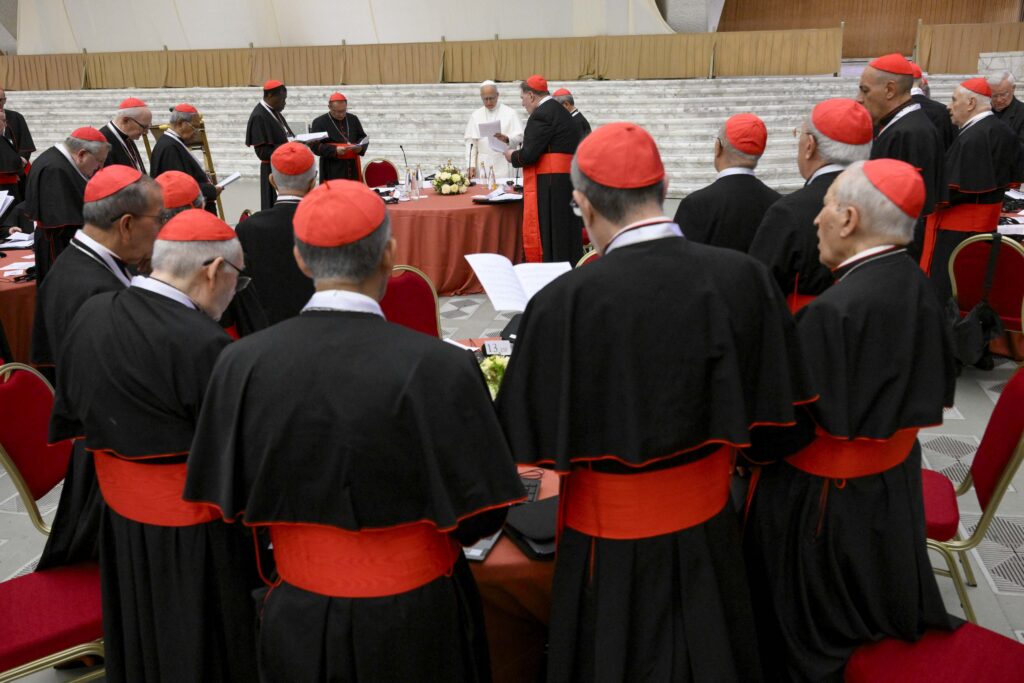 Pope Leo speaks June 26, 2026, at the opening of an extraordinary consistory of cardinals in the Paul VI Hall at the Vatican June 26-27.