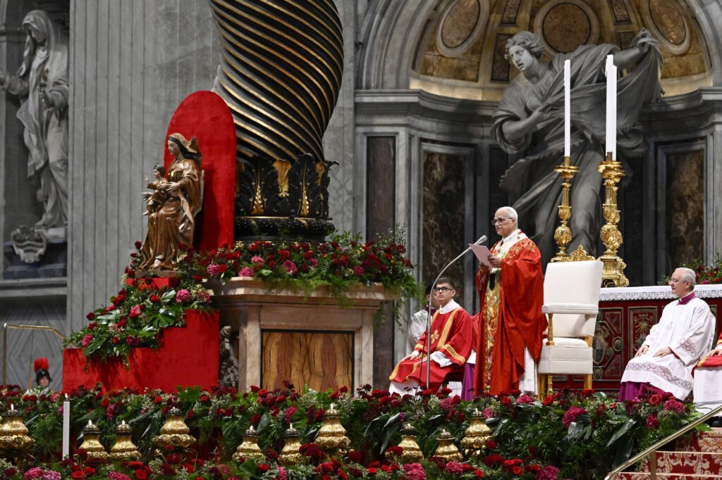 Pope Leo XIV celebrates Mass with the blessing and imposition of the pallium on new metropolitan archbishops on the feast of Sts. Peter and Paul in St. Peter's Basilica at the Vatican June 29, 2026.