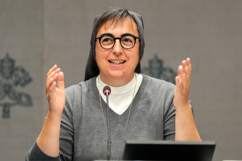 Salesian Sister Alessandra Smerilli, newly appointed prefect of the Dicastery for Promoting Integral Human Development, speaks during a Vatican news conference about “Raising Hope for Climate Justice” Sept. 30, 2025. Pope Leo XIV named Sister Smerilli -- who had been the former secretary of the dicastery -- prefect on June 30, 2026, the Vatican announced.
