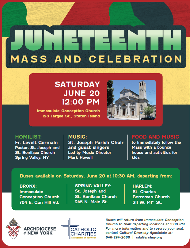 A flyer promoting the Juneteenth Mass and celebration at Immaculate Conception Church in Staten Island June 202, 2026. FLyer courtesy of the Cultural Diversity Apostolate of the Archdiocese of New York.