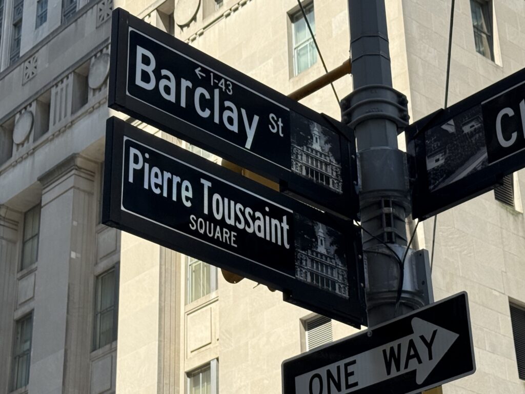 A street sign designates the corner of Church and Barclay Streets in downtown Manhattan as “Pierre Toussaint Square,” in this June 9, 2026, photo. The sign is across the street from St. Peter’s Church, where Venerable Pierre Toussaint was a parishioner.
