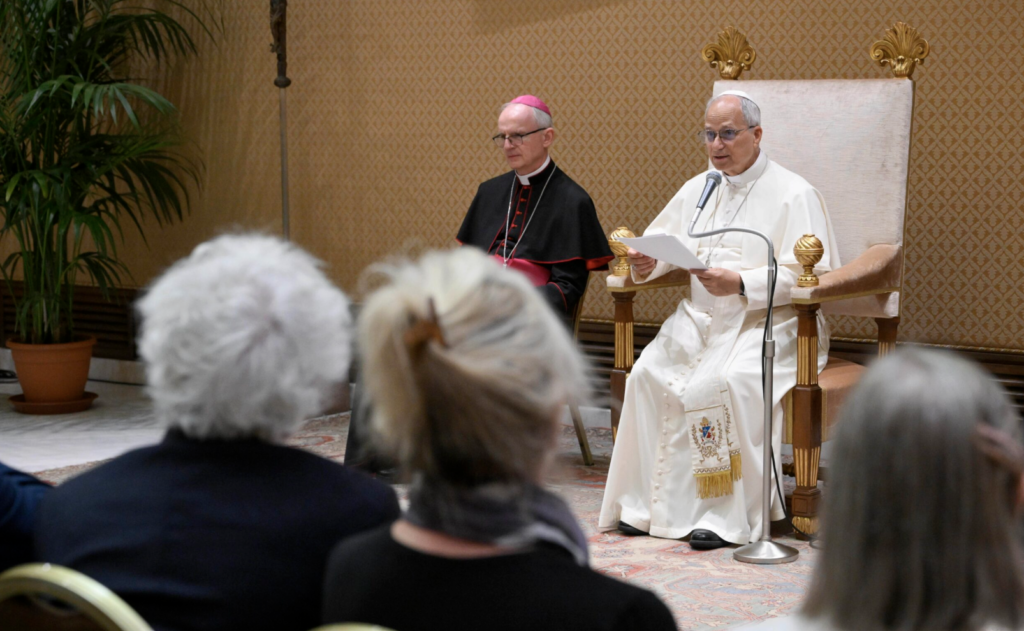 Pope Leo XIV speaks during his meeting with writers from around the world at the Capitolare Hall of St. Peter's Basilica at the Vatican June 24, 2026, to mark the 100th anniversary of the Holy See's publishing house, Libreria Editrice Vaticana.
