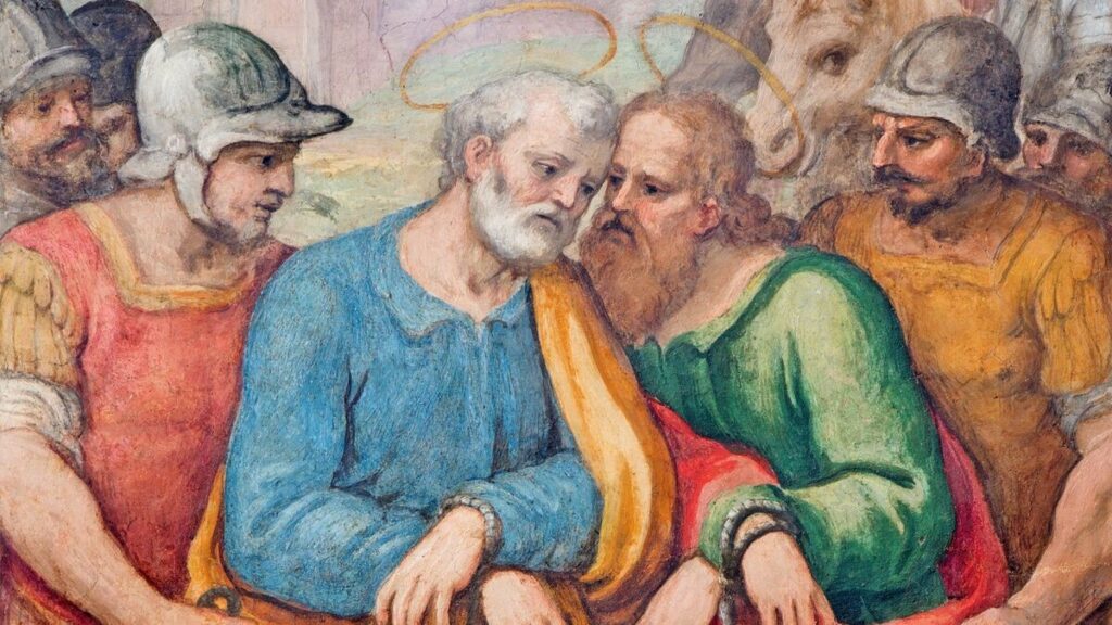 Pintura de San Pedro y San Pablo en la posición de “bond”, obra de G. B. Ricci, del siglo XVI, situada en la Iglesia de Santa María en Transportina y en la capilla de San Pedro y San Pablo, en Roma, Italia.