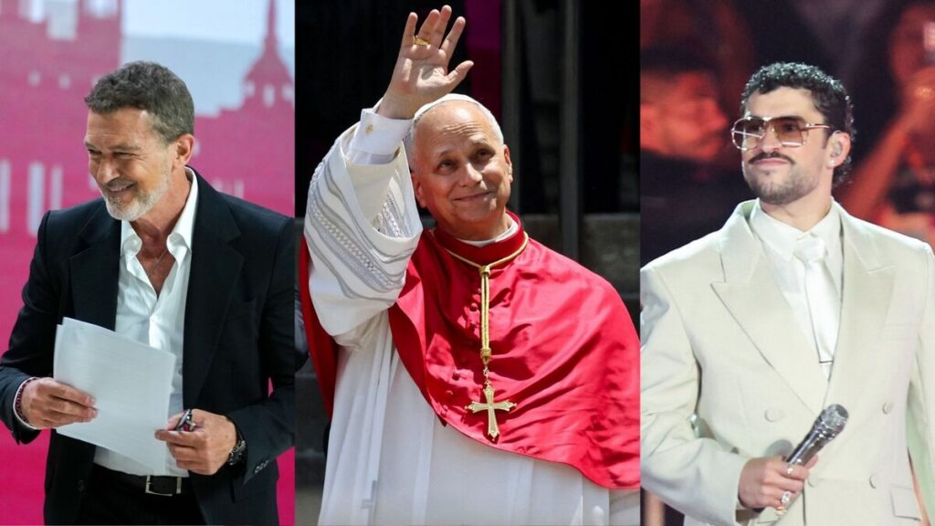 Actor Antonio Banderas during the event “Building Networks with the World of Culture, Art, Economy, and Sport” at the Movistar Arena in Madrid on June 7, 2026. (Photo CNS/Lola Gómez). Pope Leo XIV greets the faithful during his apostolic visit to Barcelona, Spain, on June 9, 2026, and Puerto Rican singer Bad Bunny performs in São Paulo, Brazil, on February 20, 2026. (Photos by OSV News/Yara Nardi/Jorge Silva, Reuters)