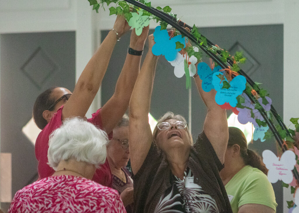 Women wrote their intentions on paper butterflies that were then hung on an arch during Women’s Day at Graymoor in 2025. The paper butterflies were blessed later in the retreat.