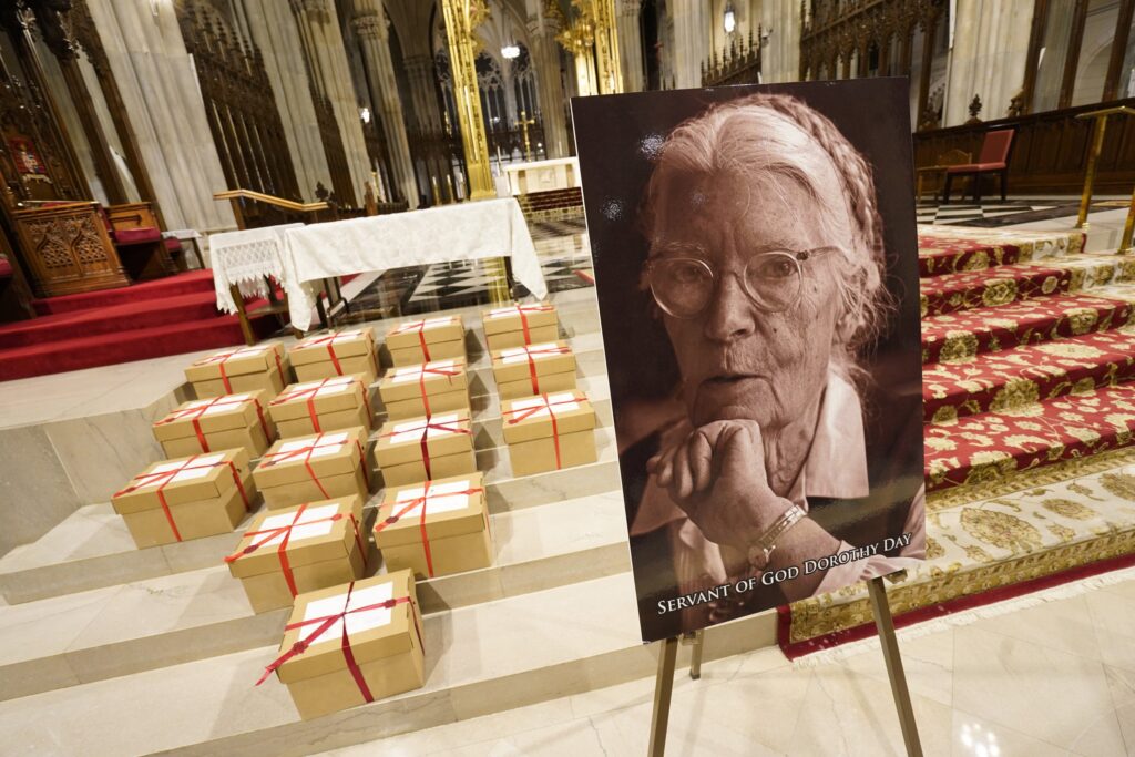 Sealed archival boxes containing documents related to Dorothy Day's canonization cause are seen in the sanctuary following a Mass Dec. 8, 2021, marking the conclusion of the Archdiocese of New York's investigation of Day's candidacy for sainthood at St. Patrick's Cathedral in New York City. The documents, which detail Day's holy and heroic virtues, will be reviewed by the Vatican Congregation for Saints' Causes.