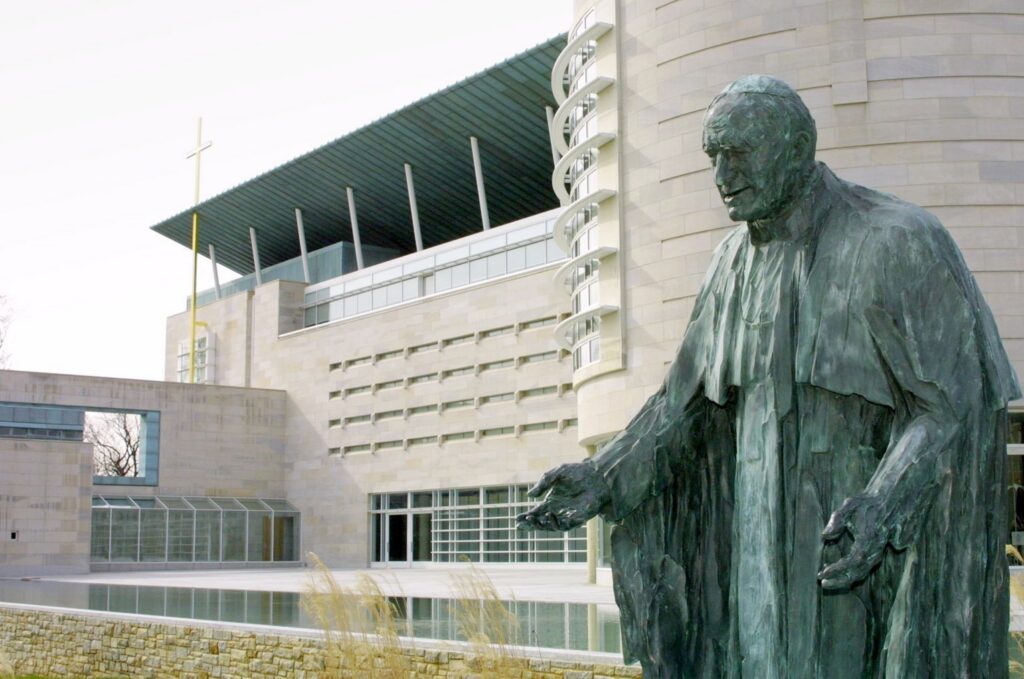 A file photo shows a statue of the Holy Father outside St. John Paul II National Shrine in Washington.