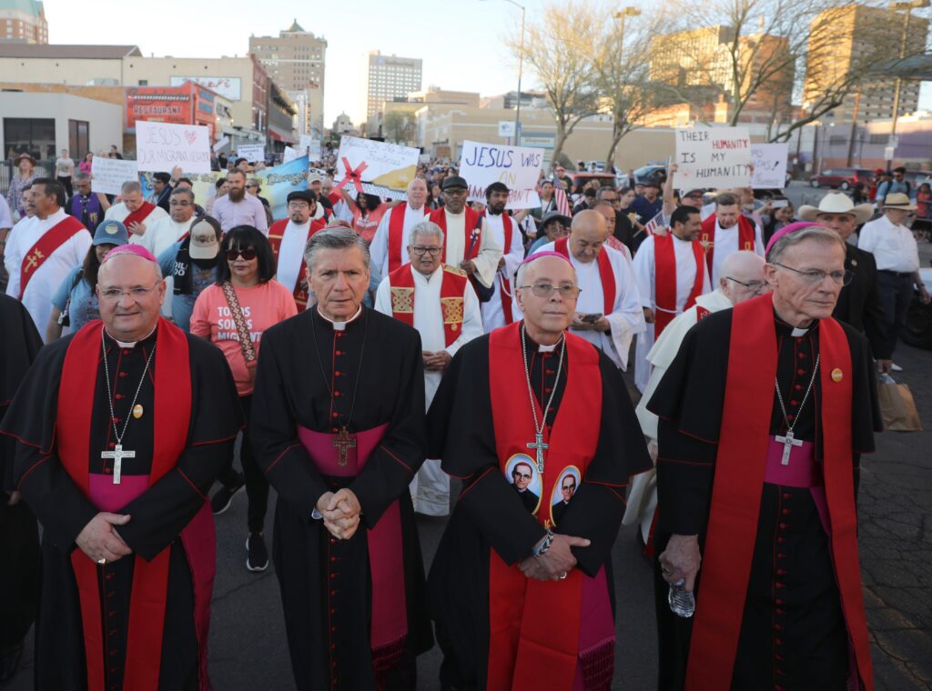 Archbishop John C. Wester of Santa Fe, N.M., right, takes part in a demonstration in El Paso, Texas, March 24, 2025, against mass deportation alongside Bishop Peter Baldacchino of Las Cruces, N.M.; Archbishop Gustavo García-Siller of San Antonio and Bishop Mark J. Seitz of El Paso. On June 23, 2026, Bishop Baldacchino announced that he and Bishop Seitz invited "all the priests and faithful" of their two dioceses and the region "to join in prayer and pilgrimage" June 28 at Mount Cristo Rey, located in Sunland Park, N.M.