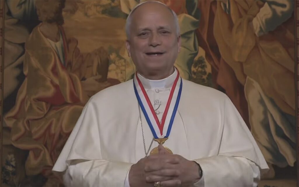 Pope Leo XIV is seen in this screen grab accepting the Philadelphia-based National Constitution Center’s 2026 Liberty Medal virtually from the Vatican, July 3, 2026.
