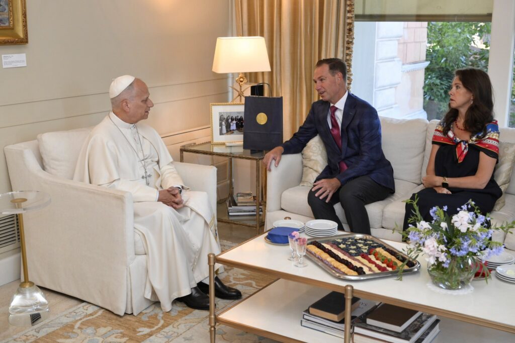 Pope Leo XIV spends the evening of July 4, 2026, with U.S. Ambassador Brian Burch and his family, where they discussed peace and freedom, and the Burch family presented the pope with a U.S.A. World Cup jersey, a baseball and an apple pie.