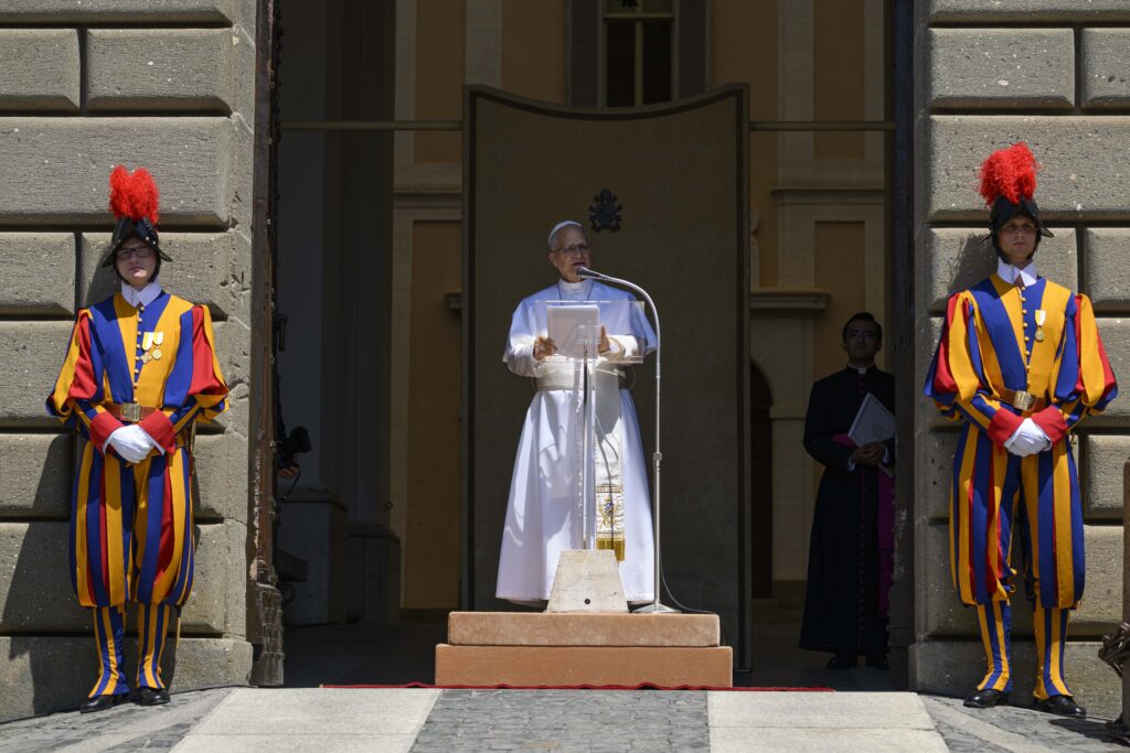 Pope Leo XIV leads the Angelus prayer in Piazza della Libertà in Castel Gandolfo, near Rome, Italy, July 12, 2026.
