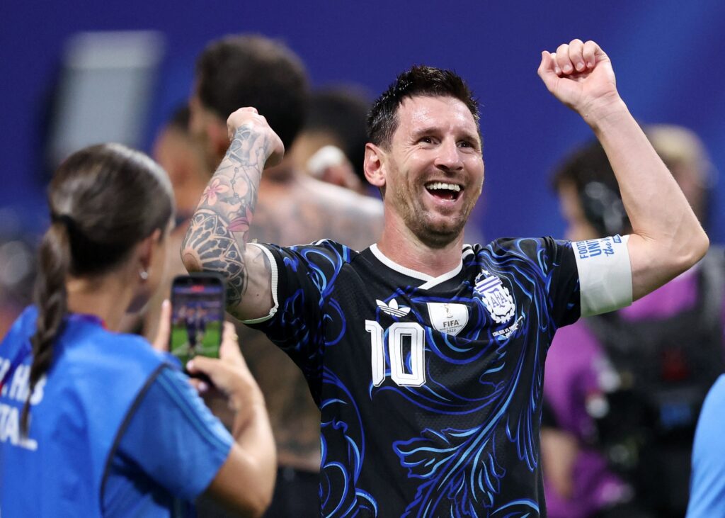 Argentina's Lionel Messi celebrates after his team defeated England 2-1 during the FIFA World Cup 2026 semifinal at Atlanta Stadium July 15, 2026. Argentina defeated England 2-1 and will take on Spain in the final on July 19 in New Jersey.