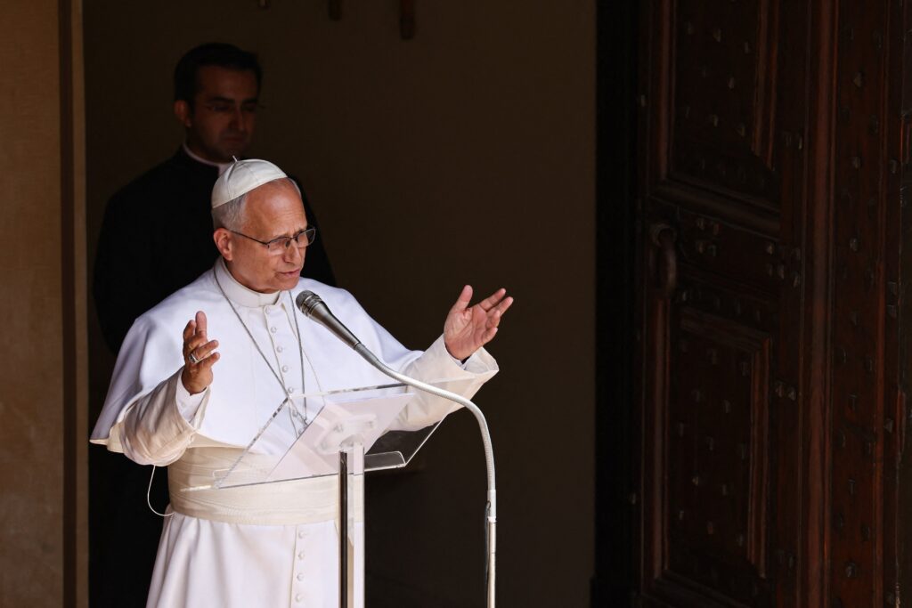 Pope Leo XIV leads the Angelus prayer in Piazza della Liberta in Castel Gandolfo, near Rome, Italy, July 19, 2026.