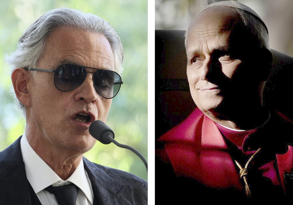 Pope Leo XIV is seen in a combination photo as he listens to Andrea Bocelli, and his son Matteo (not pictured), sing after a prayer service held at the greenhouse complex of Borgo Laudato Si’ in Castel Gandolfo, Italy, Sept. 5, 2025. Andrea Bocelli will sing for Pope Leo with a choir of 160 children from the Holy Land, Uganda and Italy in the Vatican Gardens in Castel Gandolfo on July 29, 2026, in a special performance organized by the Andrea Bocelli Foundation.