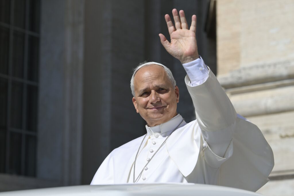 Pope Leo XIV smiles as he greets visitors during his weekly general audience in St. Peter's Square at the Vatican, June 17, 2026. (CNS photo/Vatican Media)