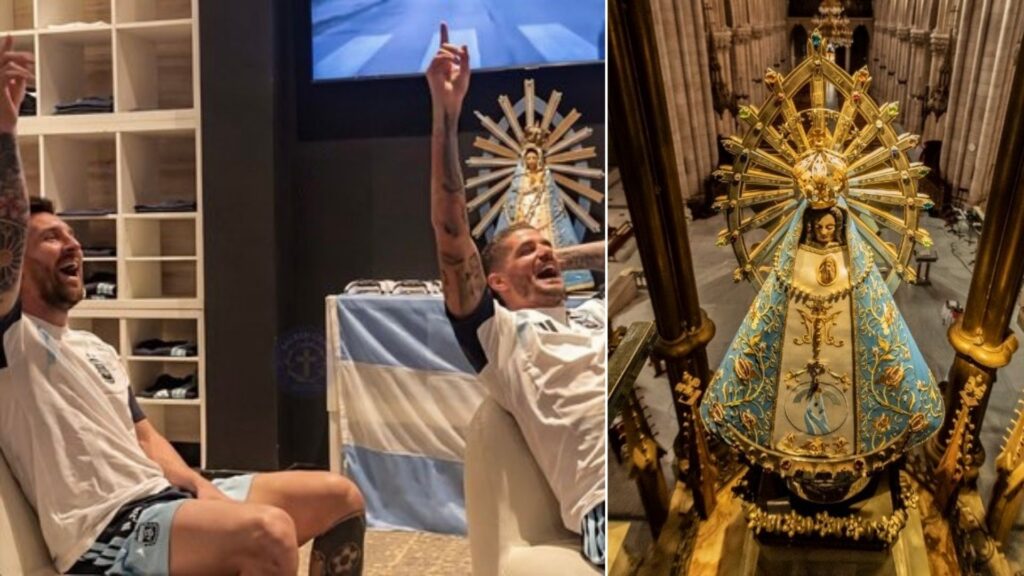 En la imagen, los jugadores de la selección argentina, Lionel Messi y Rodrigo De Paul, en el vestuario junto a una estatua de la Virgen de Luján, patrona de Argentina. Foto: cuenta de X de Martín Dandach @MartinDandach