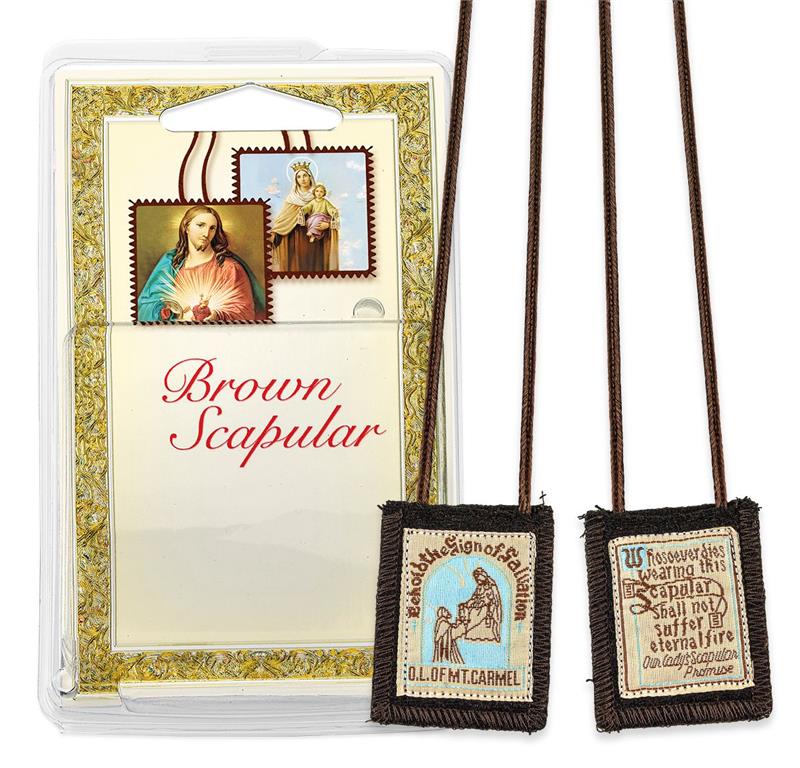 Escapulario de lana marrón auténtica de la Virgen del Carmen o de Nuestra Señora del Monte Carmelo, disponible en la tienda física y en línea de la Catedral de San Patricio. Foto: cortesía de la tienda de regalos en línea de la catedral de San Patricio
