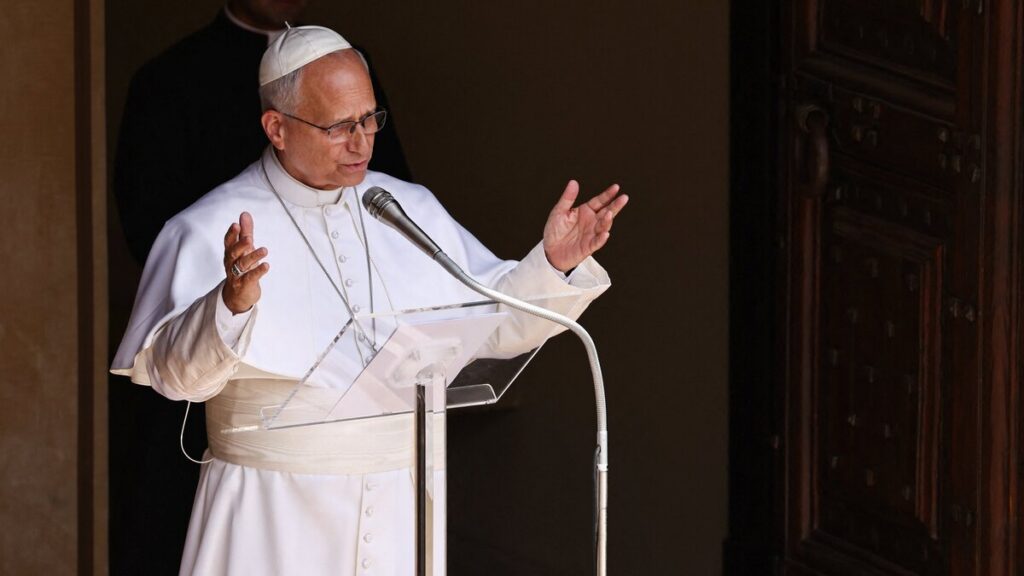 Pope Leo XIV leads the Angelus prayer in Piazza della Liberta in Castel Gandolfo, near Rome, Italy, July 19, 2026. (OSV News photo/Matteo Minnella, Reuters)