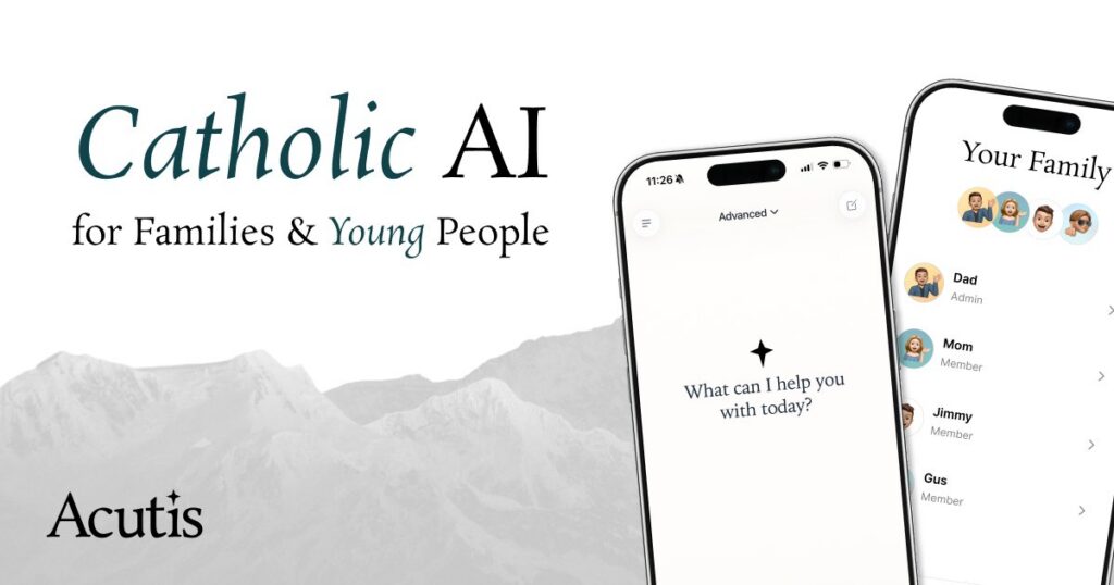 Screenshot of the website platform Acutis AI, which is named in honor of St. Carlo Acutis and designed as a Catholic alternative to mainstream AI systems by offering responses rooted in Church teaching.