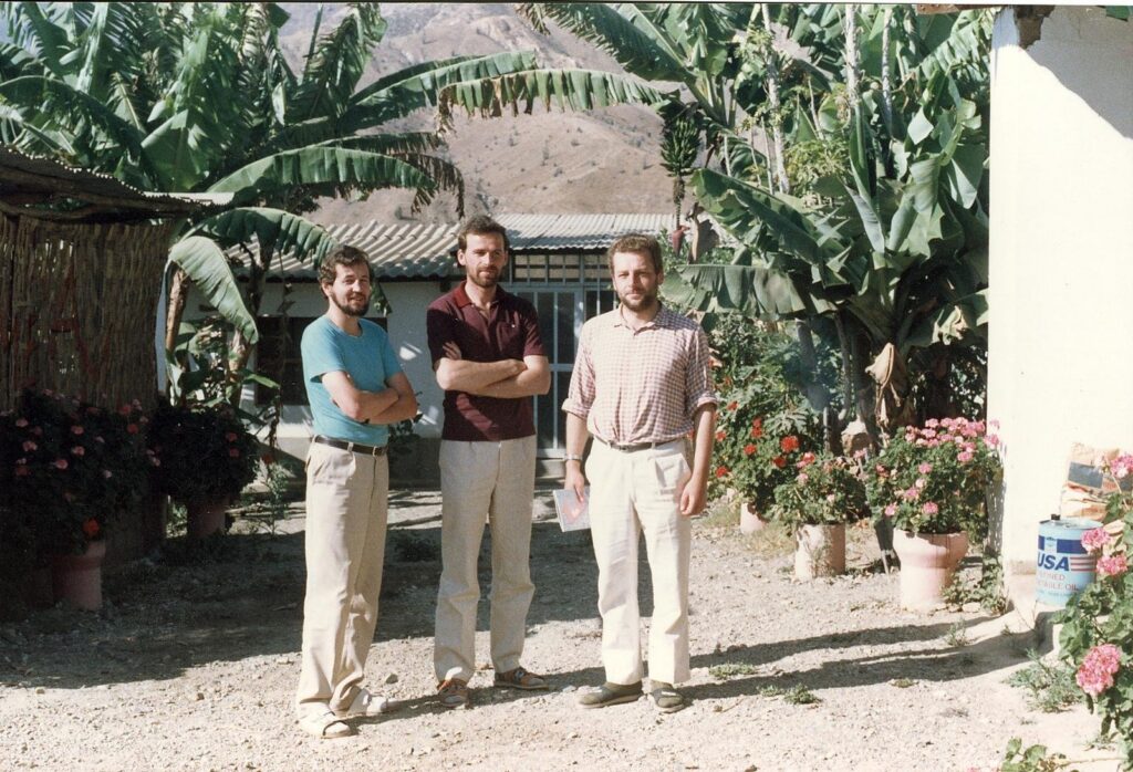Conventual Franciscan Fathers Jaroslaw Wysoczanski, left, Michal Tomaszek and Zbigniew Strzalkowski pose for a photo at their mission in Peru in an undated photo. The three Polish friars served remote communities in the Andes after arriving in Peru in 1988. Fathers Tomaszek and Strzalkowski were killed by Shining Path guerrillas Aug. 9, 1991, and were beatified as martyrs in 2015.