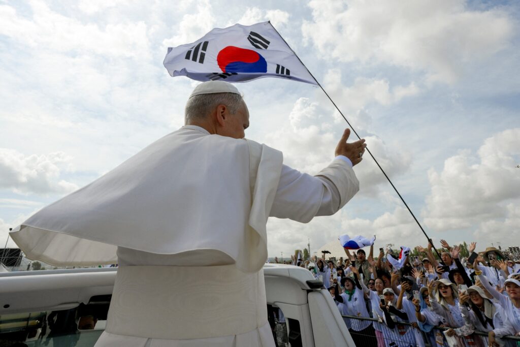 Pope Leo XIV gestures to pilgrims on Aug. 3, 2025, the day of the closing Mass for the Jubilee of Youth at the Tor Vergata open-air field in Rome.